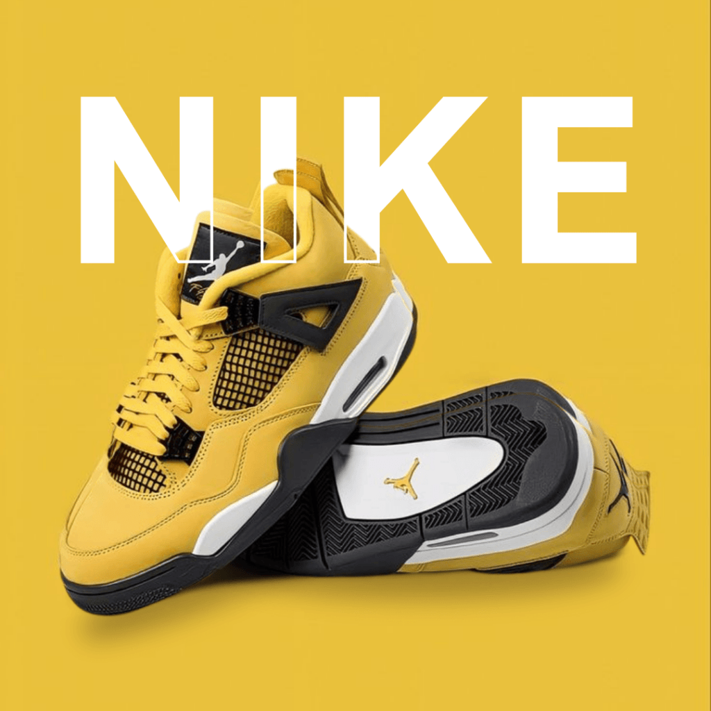 Paire de baskets Nike Air Jordan 4 jaunes posées sur un fond assorti avec une typographie moderne et audacieuse.