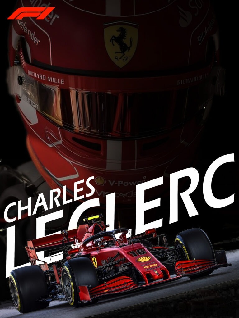 Poster de Charles Leclerc, Charles en fond sur un dégradé noir avec sa voiture F1 en premier plan et son nom en arrière.