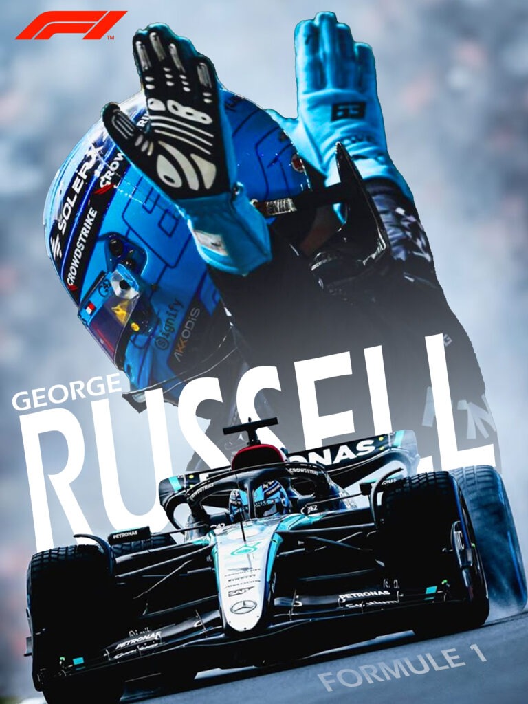 Poster de George Russell, George en fond avec sa voiture F1 en premier plan et son nom en arrière.