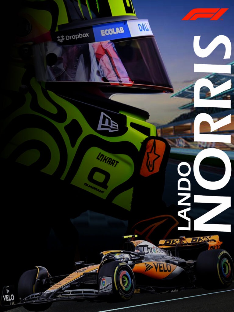 Poster de Lando Norris, Lando Norris en fond sur un dégradé noir avec sa voiture F1 en premier plan et son nom en arrière.