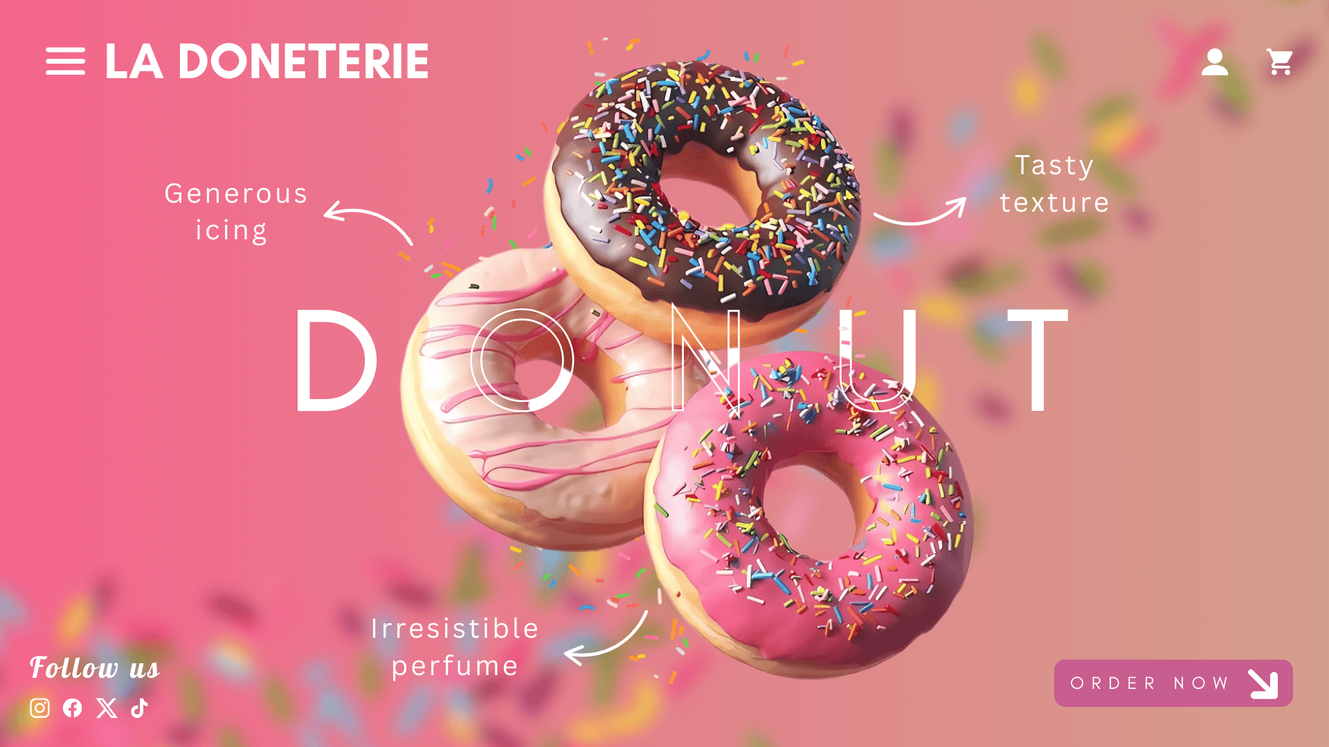 Web site professionnel, design pro, présentant trois donuts colorés avec glaçage généreux, texture appétissante et décorations sucrées.
