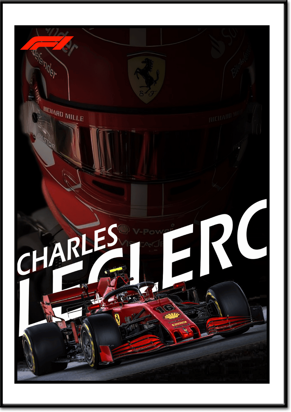 Poster de Charles Leclerc, Charles en fond sur un dégradé noir avec sa voiture F1 en premier plan et son nom en arriÚre.