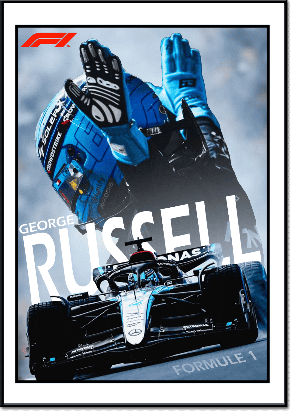 Poster de George Russell, George en fond avec sa voiture F1 en premier plan et son nom en arriĂšre.