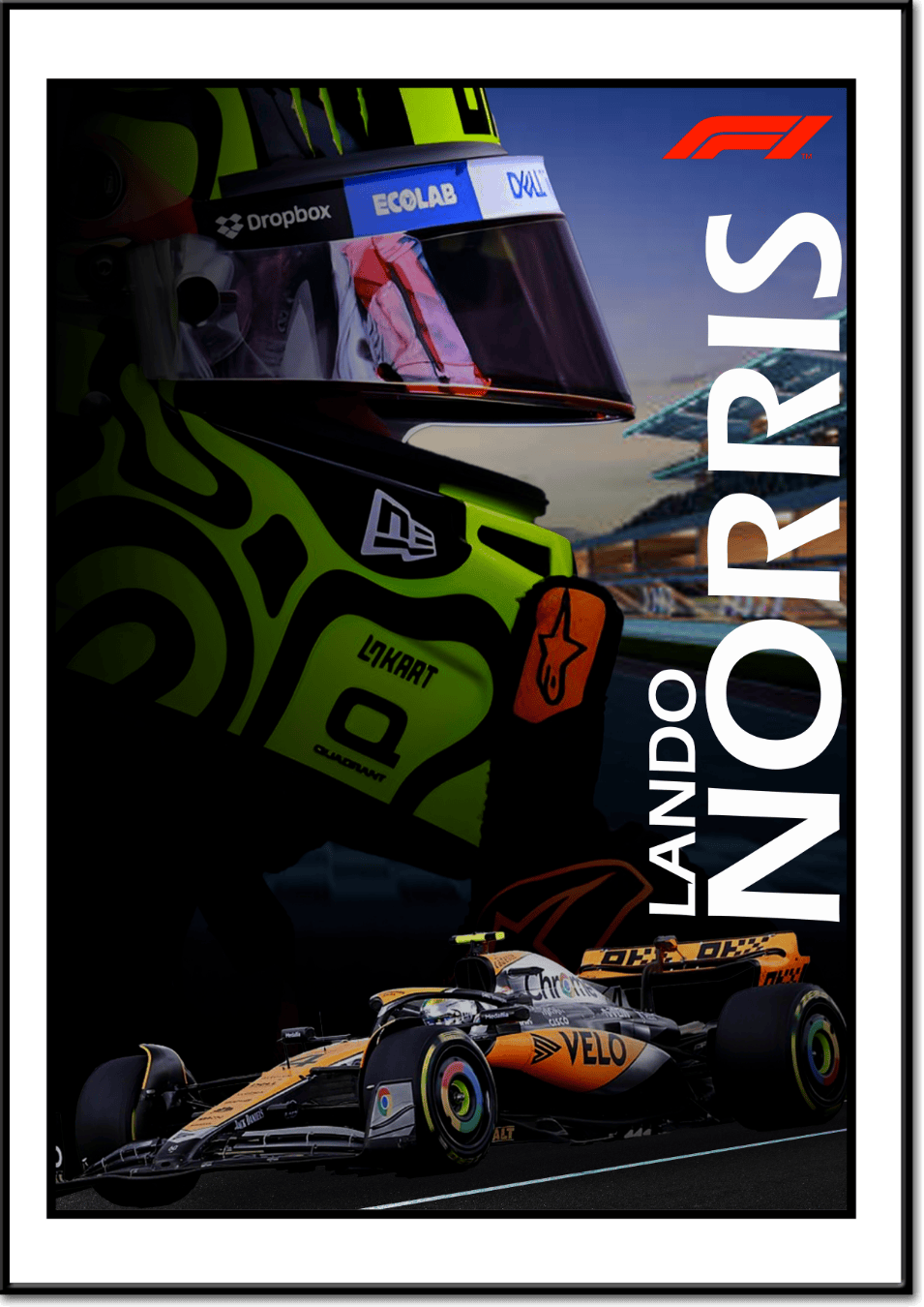 Poster de Lando Norris, Lando Norris en fond sur un dégradé noir avec sa voiture F1 en premier plan et son nom en arriÚre.