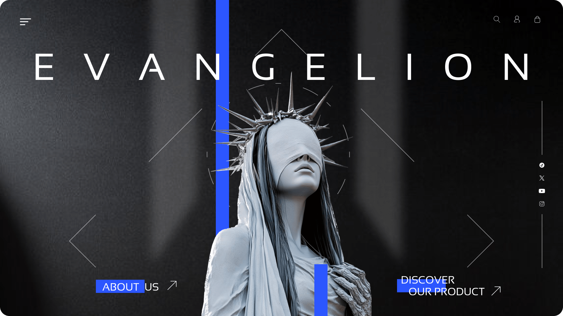 Landing page concept pour une marque de Bijoux, le nom de la marque est Evangelion, en son centre une statue blanche les yeux bandés, avec une couronne en épine. Le fond est sombre et texturé, les textes sont mis en avant par surlignement bleu électrique.