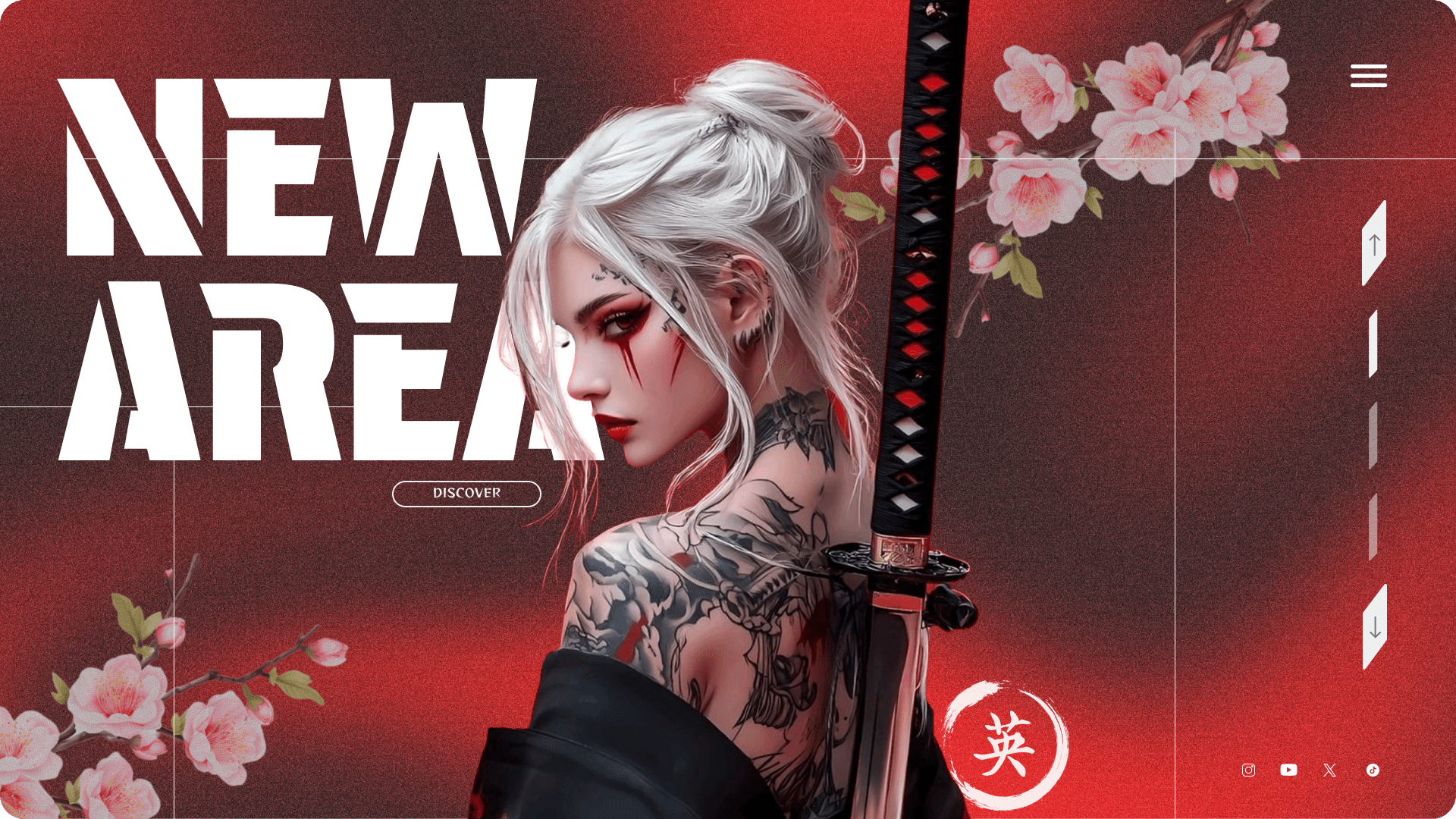 Landing page concept pour un nouveau jeu vidéo fictif. décor rouge foncé texturé et granuleux, aux extrémités des branches de cerisier, au premier plan au centre, une samouraï au cheveux blanc armée d'un katana, le titre "New Area" écrit en trÚs gros, juste derriÚre la samouraï.