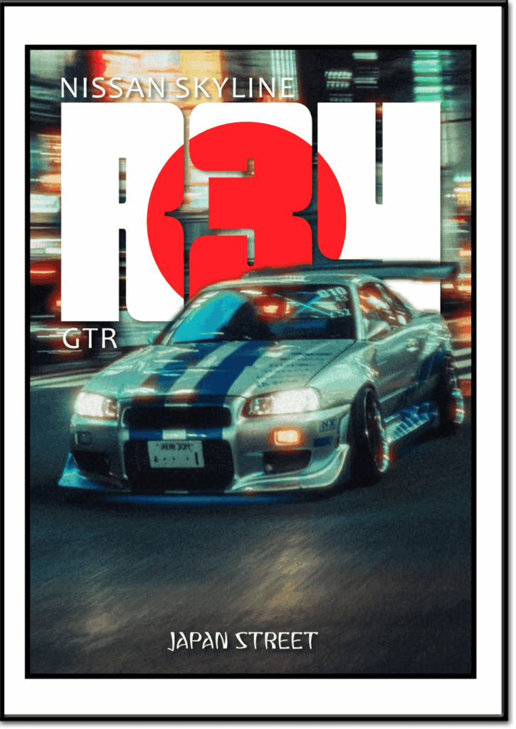 Nissan Skyline R34 GTR argentée avec bandes bleues, en pleine course nocturne dans les rues du Japon