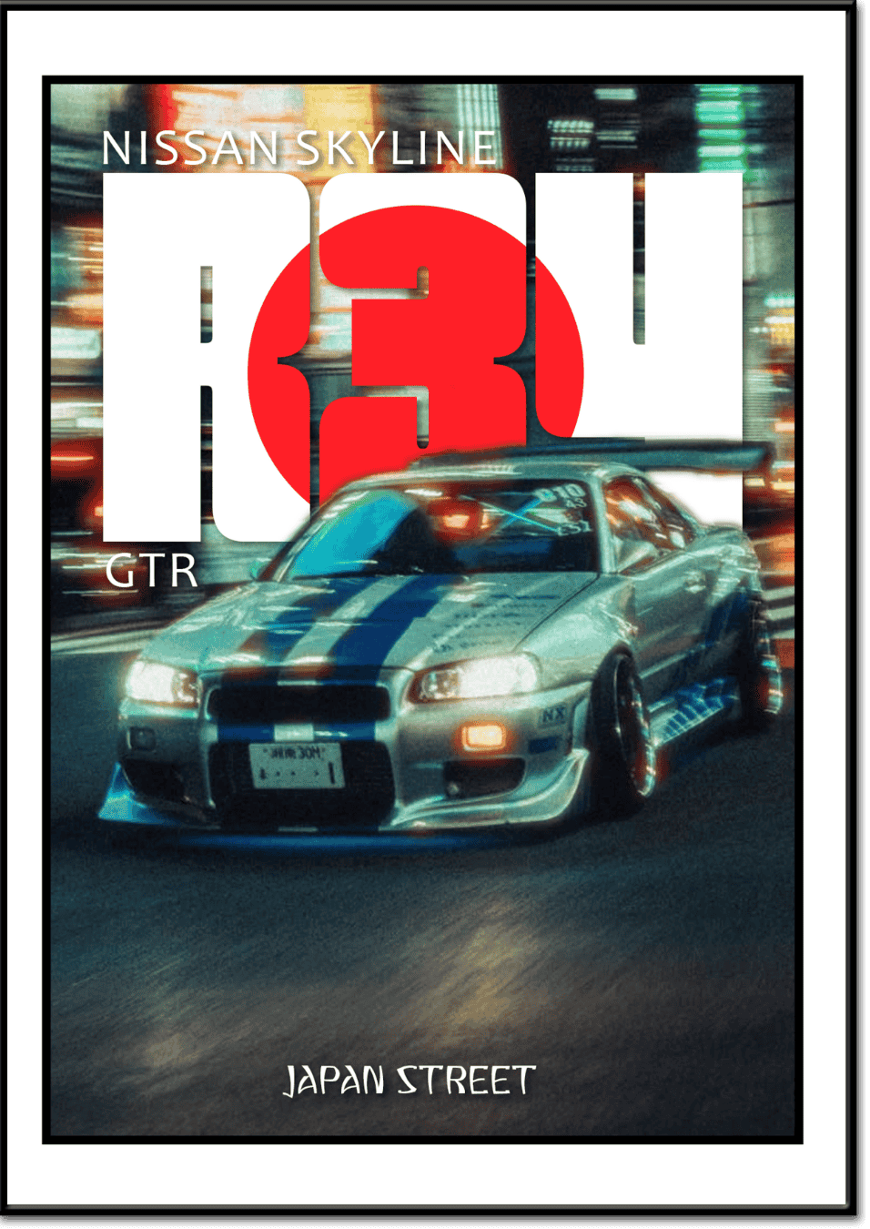 Nissan Skyline R34 GTR argentée avec bandes bleues, en pleine course nocturne dans les rues du Japon
