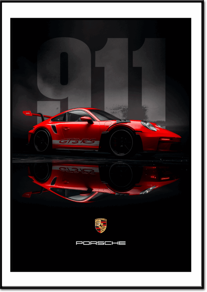 Porsche 911 GT3 RS rouge vif avec aileron, vue latérale sur fond noir