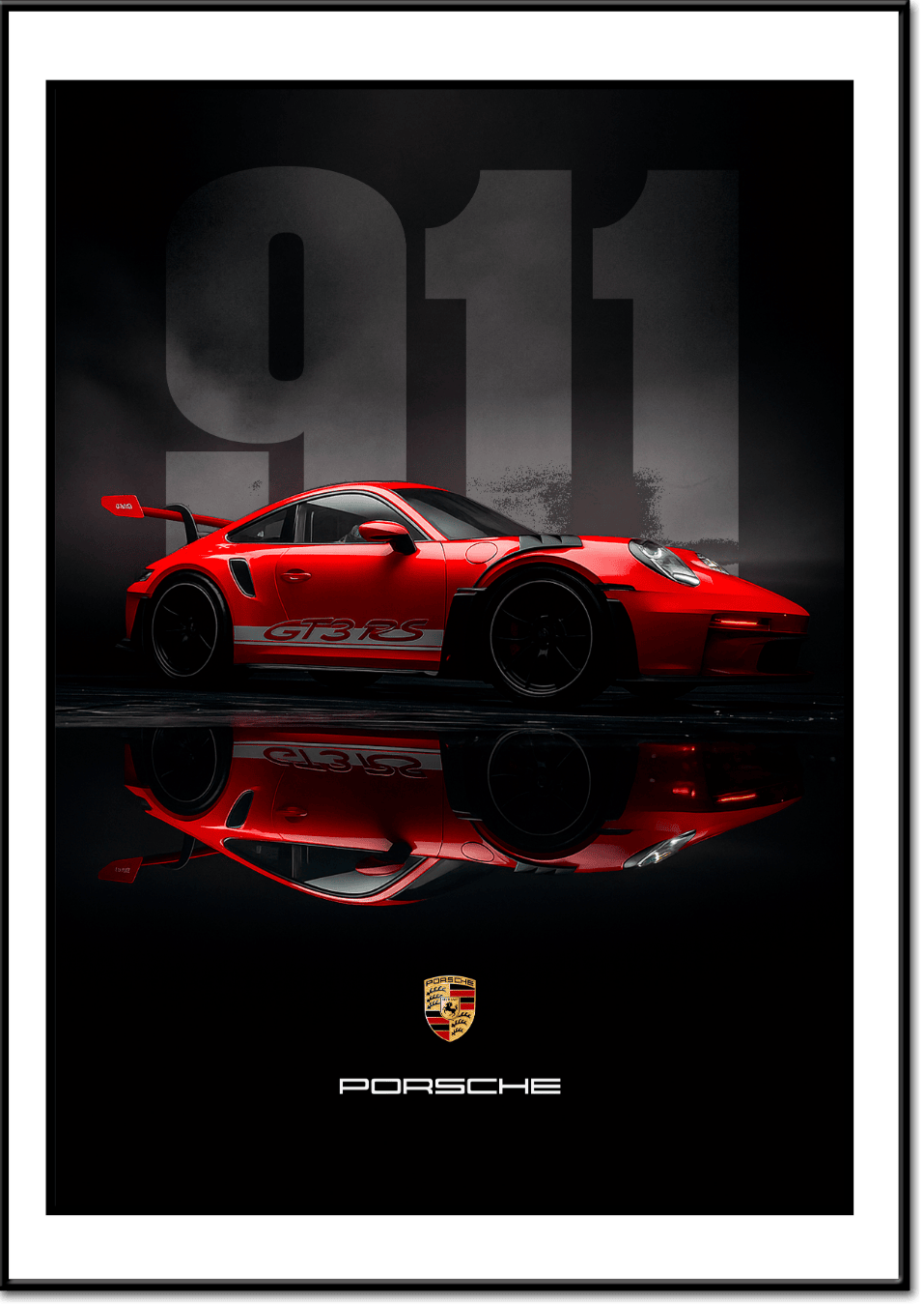 Porsche 911 GT3 RS rouge vif avec aileron, vue latérale sur fond noir