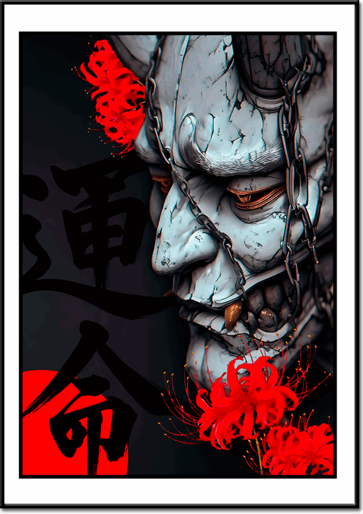 Poster d'un masque blanc de Onimusha, des fleurs de lycoris rouge, un point rouge pour le drapeau du japon, de la calligraphie Japonaise