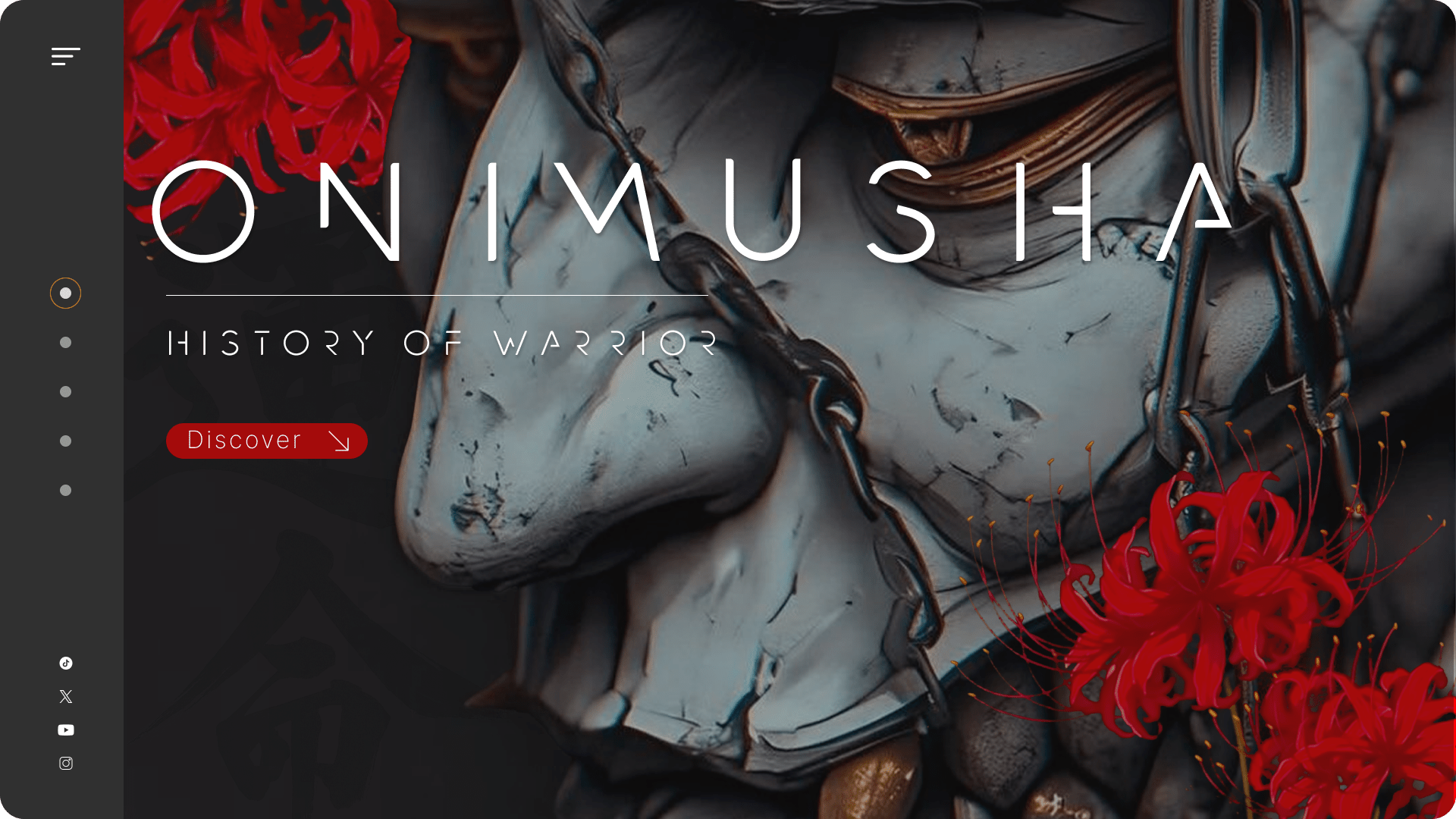 Landing page de site internet fictif, Masque de Onimusha géant, avec des fleurs de lycoris rouge, calligraphie japonaise.